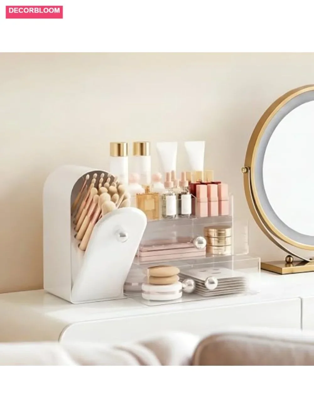 Large Makeup Organizer with Dustproof Brush Holder, 2 Clear Drawers for